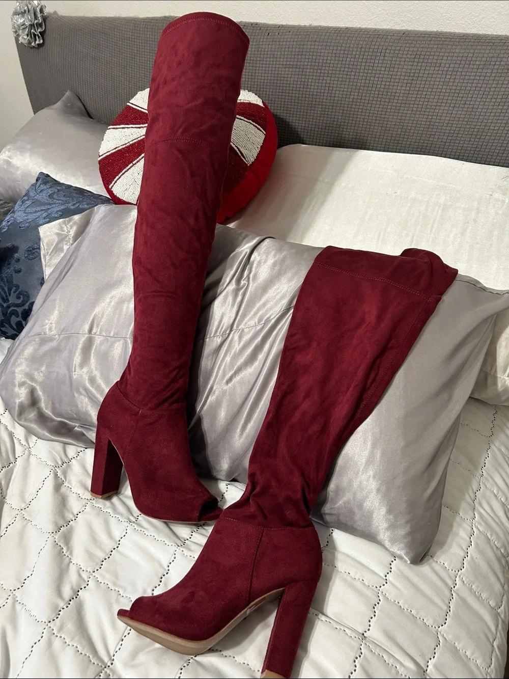 Soda Burgundy Over-the-Knee Peep-Toe Block Heel Boots